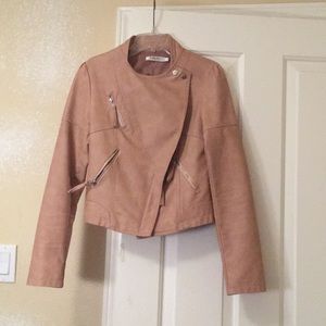 Pink cropped leather moto jacket